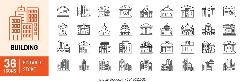 Generar conjunto de iconos de contorno de trazo editable. Casa, oficina, hospital, banco, universidad, escuela, hotel, tienda, gobierno, centro comercial y edificios. Ilustración del vector