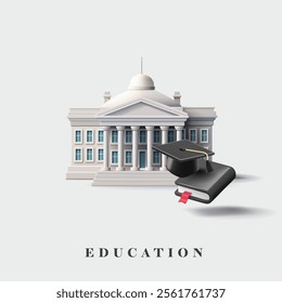 Building of an educational institution with columns, a book, and a graduate's cap, 3D. Realistic image for concepts of learning, education, professional business courses. Vector illustration.