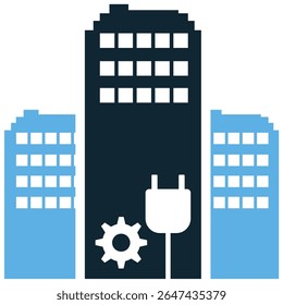 Vetor de ícone de sistema de eletricista de edifício, simbolizando a infraestrutura elétrica e o gerenciamento de energia. Ideal para fiação comercial, redes de iluminação, circuitos e tecnologia de construção inteligente.