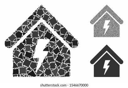 Building electricity mosaic of uneven elements in various sizes and color tinges, based on building electricity icon. Vector trembly elements are united into collage.