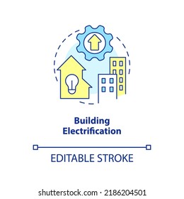 Building Electrification Concept Icon. Energy Efficiency. Net Zero Practice Abstract Idea Thin Line Illustration. Isolated Outline Drawing. Editable Stroke. Arial, Myriad Pro-Bold Fonts Used