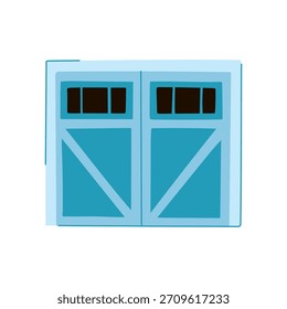 Elemento de construcción que representa una puerta de garaje azul claro con ventanas superiores y tablones diagonales, que ilustra una entrada a la casa o acceso al almacenamiento para conceptos como vivienda, propiedad y arquitectura