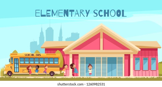 Building of elementary school yellow bus and cheerful pupils on blue sky background cartoon vector illustration