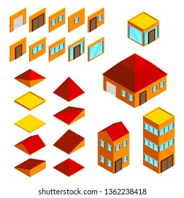 Building elements isometric houses icons detailed vector set