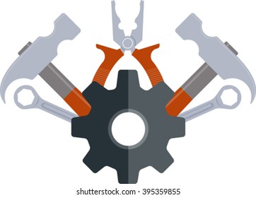 building emblem with gears and tools