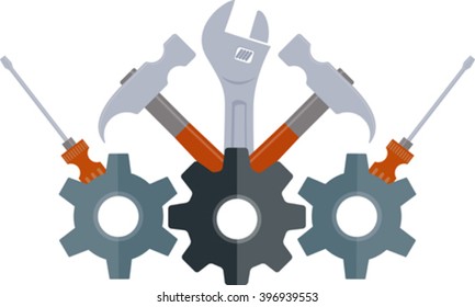 building emblem with gears and tools