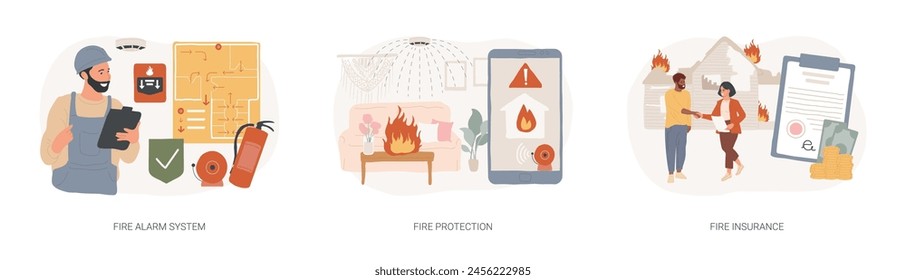 Sistema aislado de la Ilustración vectorial del concepto de la protección de la emergencia. Sistema de alarma de incendios, protección contra incendios y seguros, detector de sensores de humos, pulverización de agua, concepto de Vector de cobertura de daños.