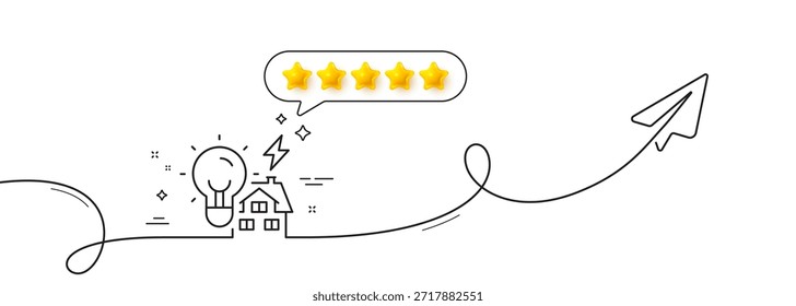 Energieleitungssymbol erstellen. Endlose Linie mit Freigabeebene. Elektrisches Hauskraftschild. Immobiliensymbol. Fünf-Sterne-Bewertung in der Sprechblase. Einzeiliges Energieband. Vektorgrafik