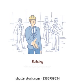 Building engineer, architects team, crew coworking, business partners, businessman giving hand for handshaking banner