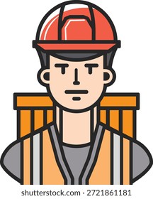 Ilustración de avatar de ingeniero de construcción. Trabajador con casco y chaqueta de seguridad. Vector de retrato de contratista de Industrial.