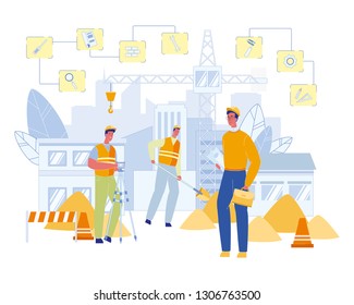 Building Engineer at Construction Site. Modern Occupation. Architecture Profession. City Concrete, Building. Construction Crane and Houses. Happy Workers. Young People Career. Vector EPS 10.