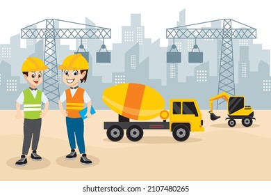 Building engineer. Building construction. Trucks and big vehicles on building construction site. The process of building a skyscraper vector illustration 