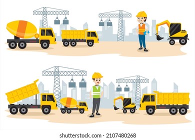 Ingeniero de construcción. Construcción de edificios. Camiones y vehículos grandes en la construcción de edificios. El proceso de construcción de una ilustración vectorial de rascacielos 