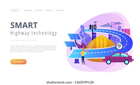 Building engineer and smart road using sensors and solar energy. Smart roads construction, smart highway technology, IoT city technology concept. Website vibrant violet landing web page template.