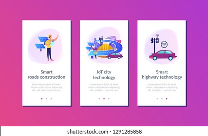 Ingeniería de construcción y caminos inteligentes usando sensores y energía solar. Construcción de carreteras inteligentes, tecnología de autopistas inteligentes, concepto de tecnología de ciudades IoT. Plantilla de interfaz de usuario de usuario de Mobile UX GUI, wireframe de interfaz de aplicación