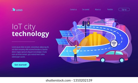 Building engineer and smart road using sensors and solar energy. Smart roads construction, smart highway technology, IoT city technology concept. Website vibrant violet landing web page template.