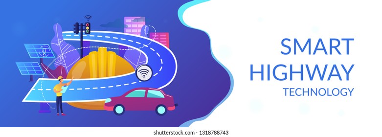 Building engineer and smart road using sensors and solar energy. Smart roads construction, smart highway technology, IoT city technology concept. Header or footer banner template with copy space.