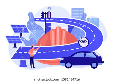 Building engineer and smart road using sensors and solar energy. Smart roads construction, smart highway technology, IoT city technology abstract concept. Vector metaphor abstract illustration.