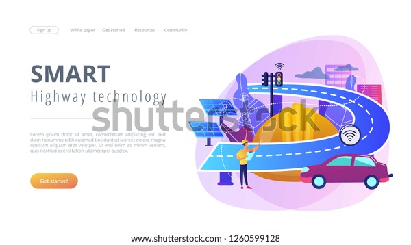 Building engineer and smart road using sensors\
and solar energy. Smart roads construction, smart highway\
technology, IoT city technology concept. Website vibrant violet\
landing web page\
template.