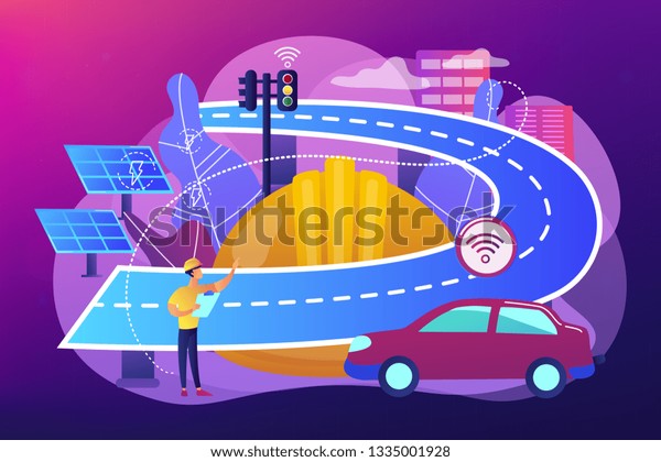 Building engineer and smart road using\
sensors and solar energy. Smart roads construction, smart highway\
technology, IoT city technology concept. Bright vibrant violet\
vector isolated\
illustration