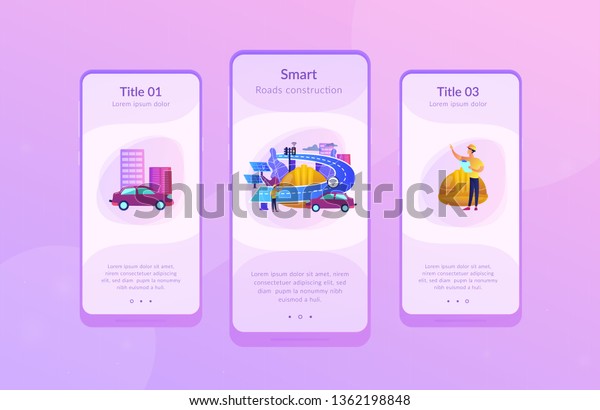 Building engineer and smart road using sensors\
and solar energy. Smart roads construction, smart highway\
technology, IoT city technology concept. Mobile UI UX GUI template,\
app interface\
wireframe