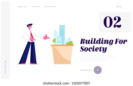 Building Engineering Construction Website Landing Page. Architect Engineer Presenting Model of House Mock Up Metropolis Architecture Design Projection Web Page Banner. Cartoon Flat Vector Illustration