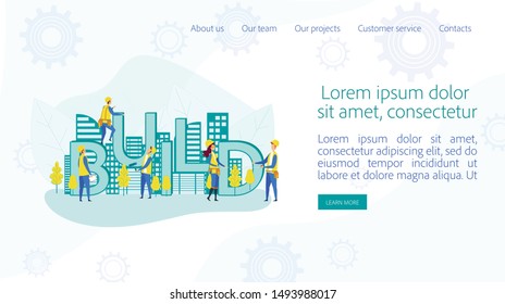 Building and Engineering Poster. Architects and Engineers Working on Project, Measuring Huge Word Build on City View Background with Skyscrapers. Cartoon Flat Vector Illustration, Horizontal Banner