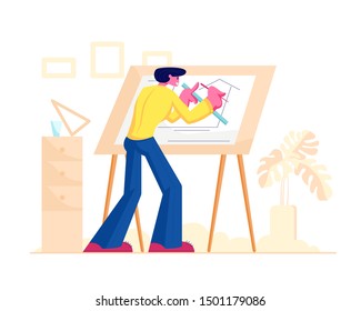 Building and Engineering Profession, Occupation or Job Concept. Man Architect and Construction Engineer Working on Architecture Project Painting Plan on Blueprint. Cartoon Flat Vector Illustration