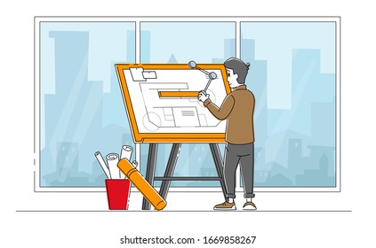 Ingeniería y profesión, ocupación o concepto de trabajo. Hombre Arquitecto e Ingeniero de Construcción Trabajando en el Plan de Pintura de Proyectos de Arquitectura sobre Diseño. Ilustración de vectores lineales