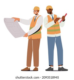 Building and Engineering Profession, Occupation or Job Concept. Men Architects and Construction Engineer Characters Working on Architecture Project Plan and Blueprint. Cartoon Vector Illustration