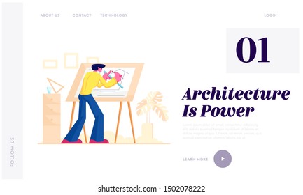 Building Engineering Profession Website Landing Page. Man Architect and Construction Engineer Work on Architecture Project Painting Plan on Blueprint Web Page Banner. Cartoon Flat Vector Illustration