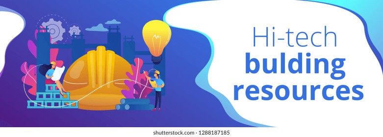 Engenheiros de construção usando materiais inteligentes. Materiais de construção inovadores, inovação tecnológica de construção, conceito de recursos de construção de alta tecnologia. Modelo de banner de cabeçalho ou rodapé com espaço de cópia.