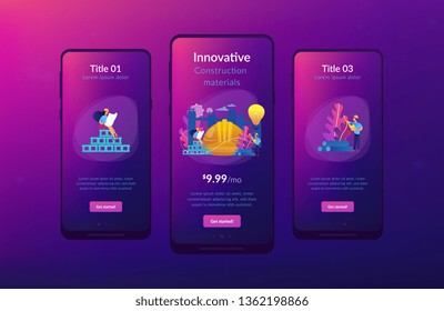 Building engineers using smart materials. Innovative construction materials, construction technology innovation, hi-tech bulding resources concept. Mobile UI UX GUI template, app interface wireframe