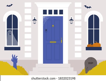 A building entrance, Halloween decoration, graveyard, spider web, bats and a zombie hand, a spooky decor