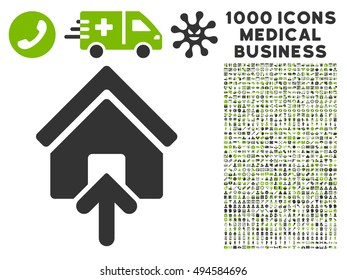 Building Entrance icon with 1000 medical commerce eco green and gray vector pictograms. Clipart style is flat bicolor symbols, white background.