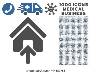 Building Entrance icon with 1000 medical business cobalt and gray vector pictograms. Collection style is flat bicolor symbols, white background.