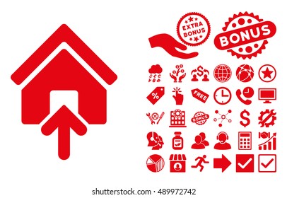 Building Entrance icon with bonus icon set. Vector illustration style is flat iconic symbols, red color, white background.