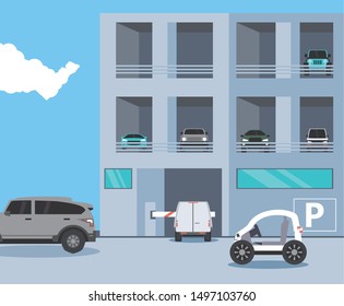 building with entrance of parking zone and barricade