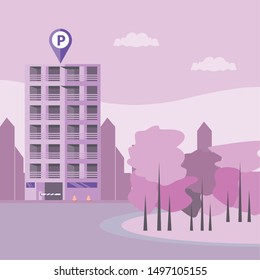 building with entrance of parking zone and barricade