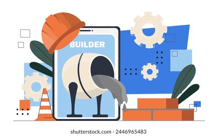 Building equipment concept. Red bricks and concrete mixer. Engineering and construction equipment. Safety hat and traffic cone. Cartoon flat vector illustration isolated on white background