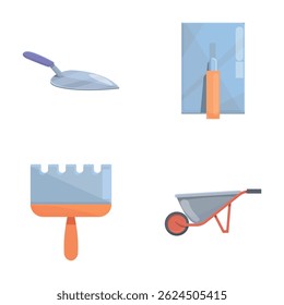 Building equipment icons set cartoon vector. Trowel and garden map. Construction tool