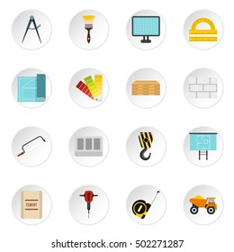 Building equipment icons set. Flat illustration of 16 building equipment vector icons for web