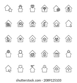 Building as establishment or facility. Line icon set including icons of houses, clinics, workshops, studios, stores, cafe, laboratory. Suitable for websites, internet stores etc 
