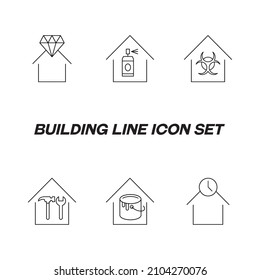 Building as establishment or facility. Line icon set including icons of houses, clinics, workshops, studios, stores, cafe, laboratory. Signs of diamond, hazard sign, tools for building etc 