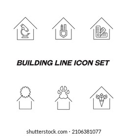 Building as establishment or facility. Line icon set including icons of houses, workshops, studios, stores, cafe, laboratory. Symbols of gear, paw, mircroscope, liner, flowers near or inside of house 