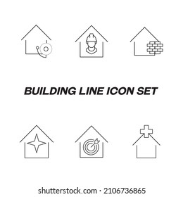 Building as establishment or facility. Line icon set including 6 icons of houses, clinics, workshops, studios, stores, cafes etc. Icons of star, cross, fire alarm, builder, arrow in target over house
