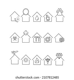 Building as establishment or facility. Line icon set including icons of houses, clinics, workshops, studios, stores, cafe, laboratory. Including gear, drop, paw, brick wall and other elements 
