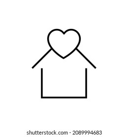 Building as establishment or facility. Outline monochrome sign in flat style. Suitable for stores, advertisements, articles, books etc. Line icon of heart over house