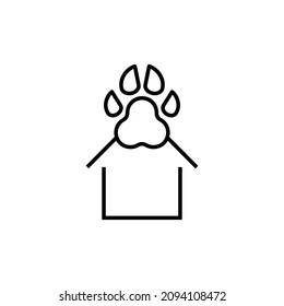 Building as establishment or facility. Outline monochrome sign in flat style. Suitable for stores, advertisements, articles, books etc. Line icon of dog's paw over house 
