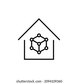 Building as establishment or facility. Outline monochrome sign in flat style. Suitable for stores, advertisements, articles, books etc. Line icon of chemical compound inside house 